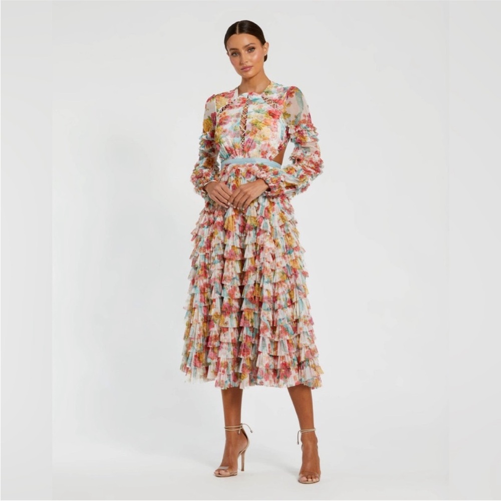 Mac Duggal 8130 Multicolor Long Sleeve Ruffle Criss Cross Midi Dress 12
